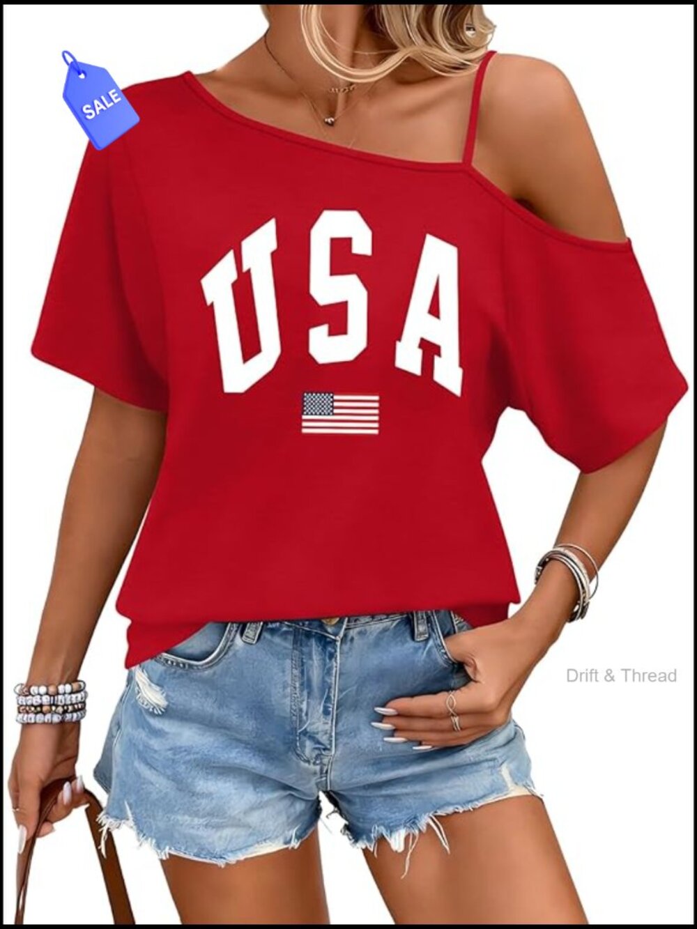 Off Shoulder Patriotic Tee Short Sleeve USA Print T-Shirt Casual Top
